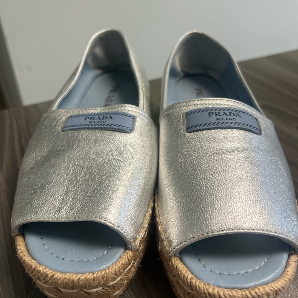 Prada Silver Espadrille Shoes with Luxe Metallic Finish